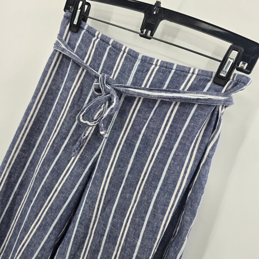 Blue White Striped Wide Leg Linen Blend Pants with Tie Waist and Smocked Back